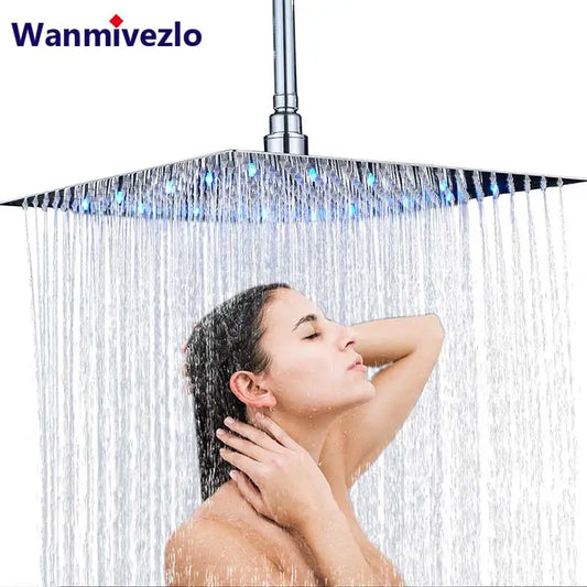 Chrome LED Light Bathroom Shower Head 16 inch Big Rainfall Ultra-thin