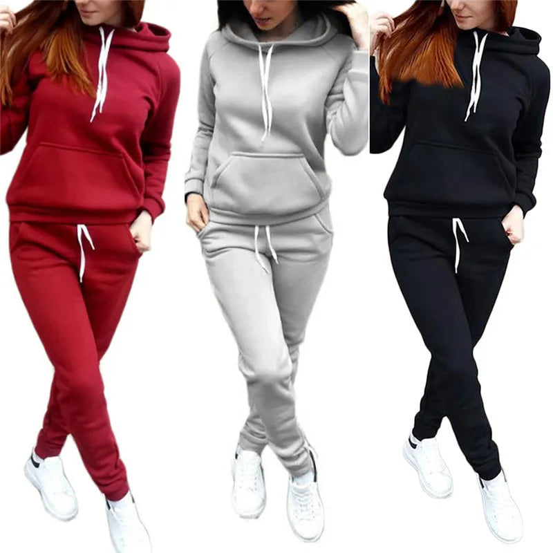 Winter Two-piece Tracksuit Jogging Suits For Women Sport Suits Black Gray Hooded