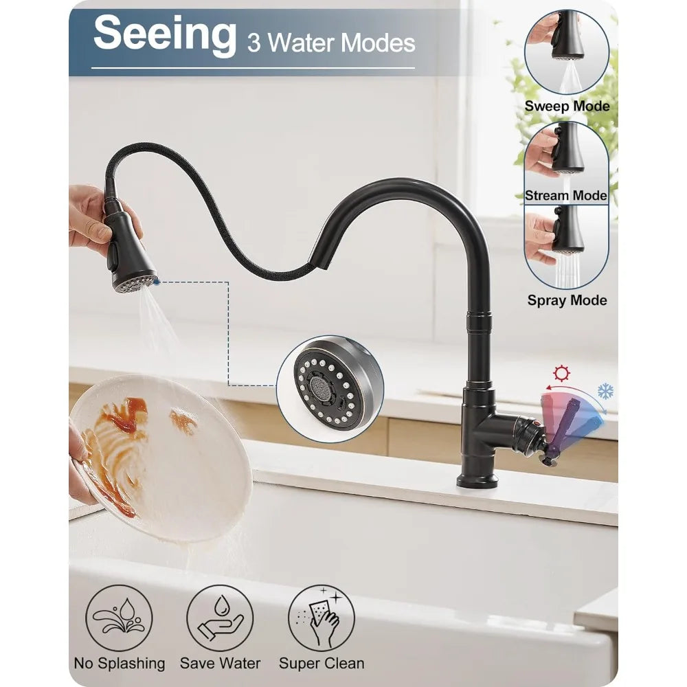 3-Function Kitchen Sink Faucet 3 Hole or 1 Hole Rubbed Bronze Kitchen Faucet With Pull Down Sprayer Water