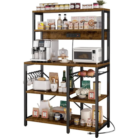 SUPERJARE Bakers Rack with Power Outlet, 35.4 Inches Coffee Bar with Wire Basket, Kitchen Microwave Stand