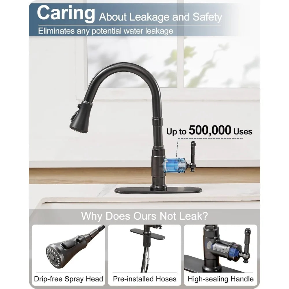 3-Function Kitchen Sink Faucet 3 Hole or 1 Hole Rubbed Bronze Kitchen Faucet With Pull Down Sprayer Water