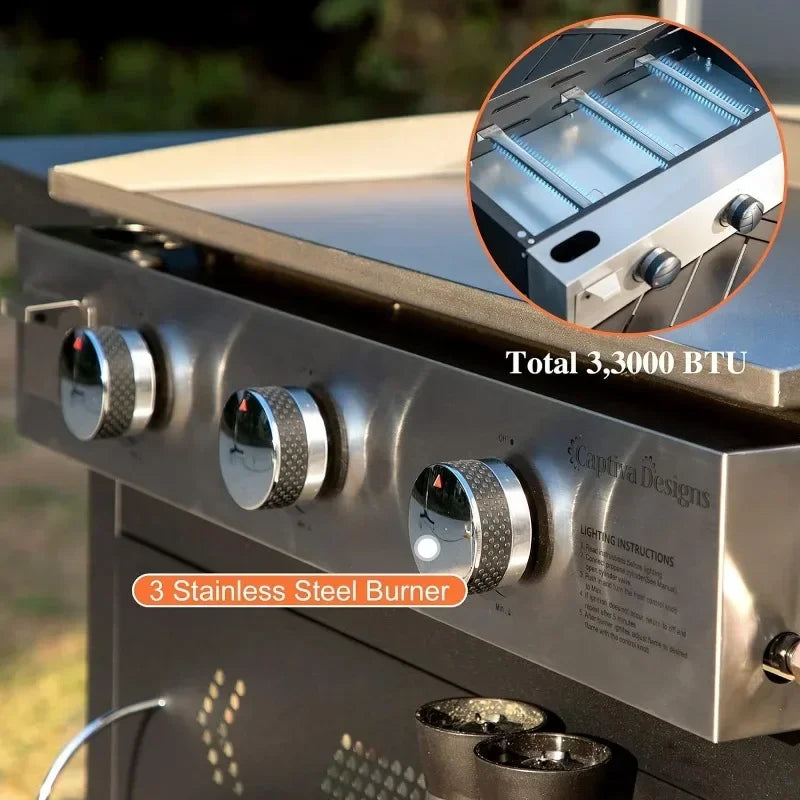 Flat Top Gas Griddle Grill with Lid 3-Burner Propane BBQ. Can Be Converted Into Table Top Griddle