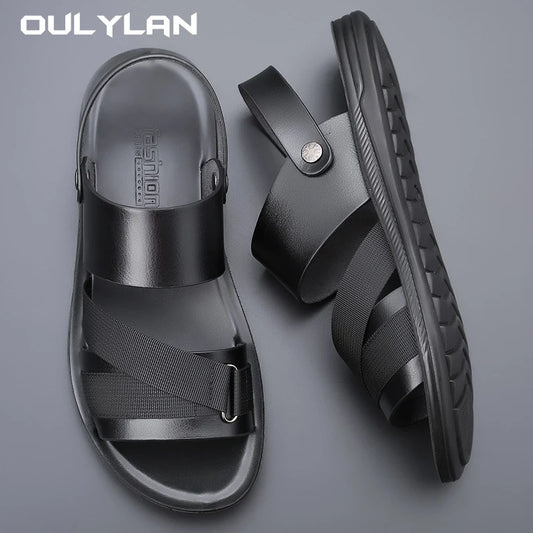 Men Casual Leather Beach Shoes Non Slip Soft Sole Open Toe