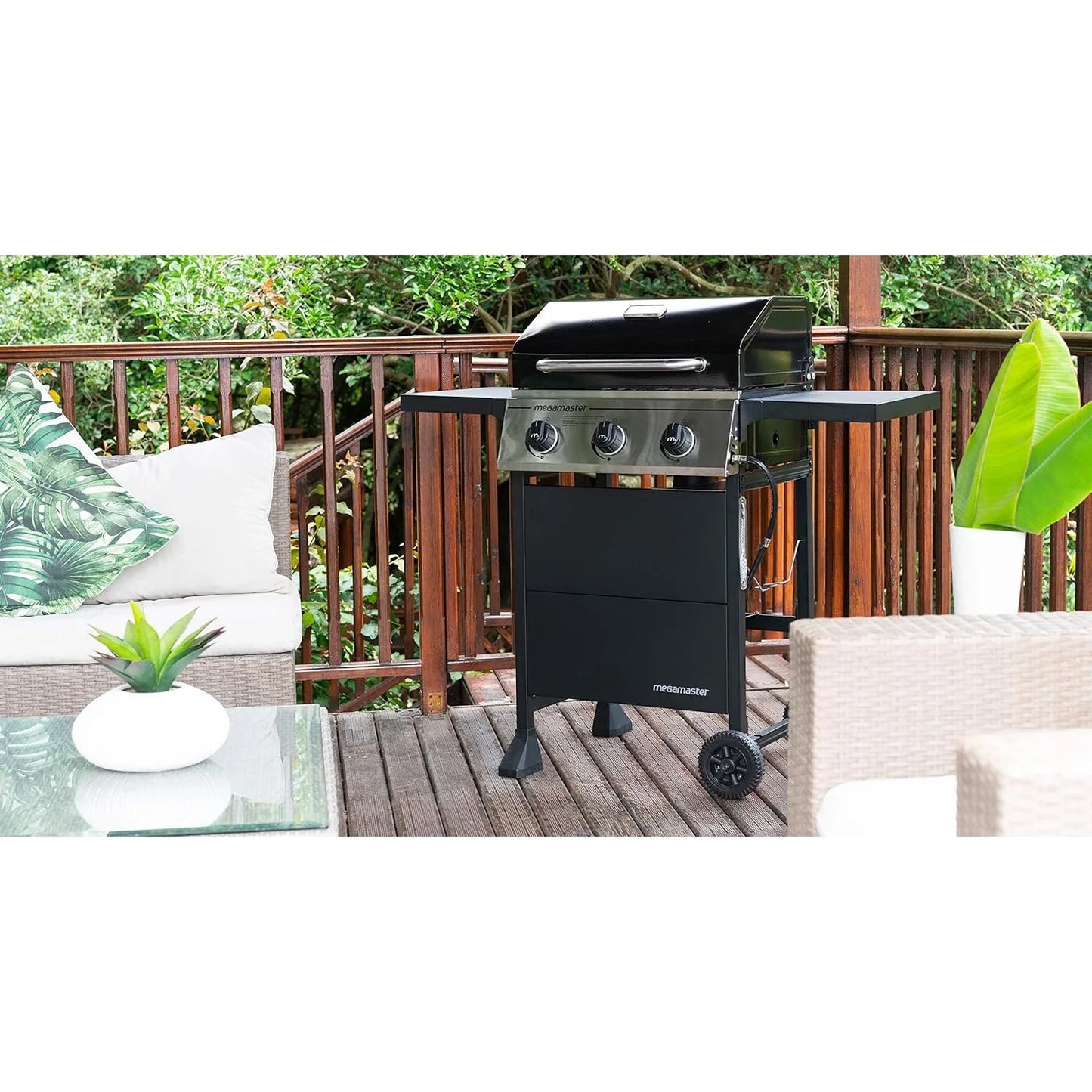 3-Burner Propane Gas Grill with 2 Foldable Side Tables, 30000 BTUs