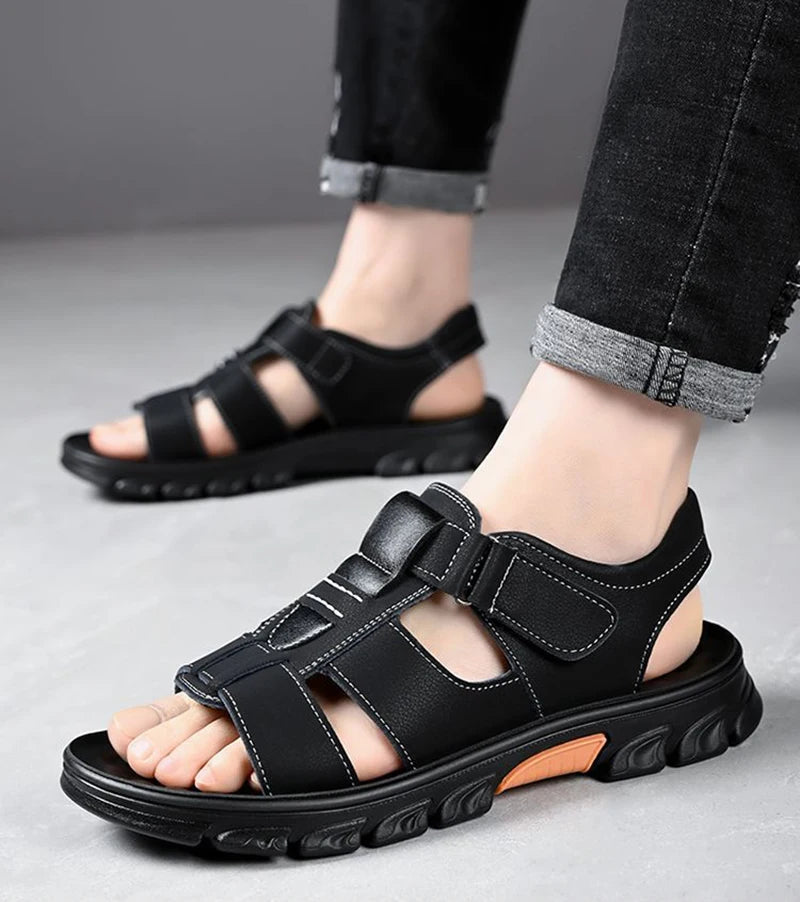 Male Summer Sandals. Open Toe Slippers Outdoor Non-Slip Thick-soled Leather Sandals