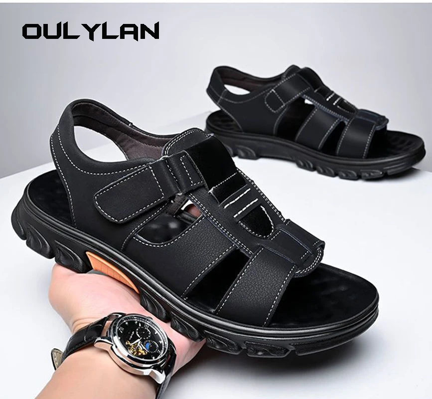 Male Summer Sandals. Open Toe Slippers Outdoor Non-Slip Thick-soled Leather Sandals