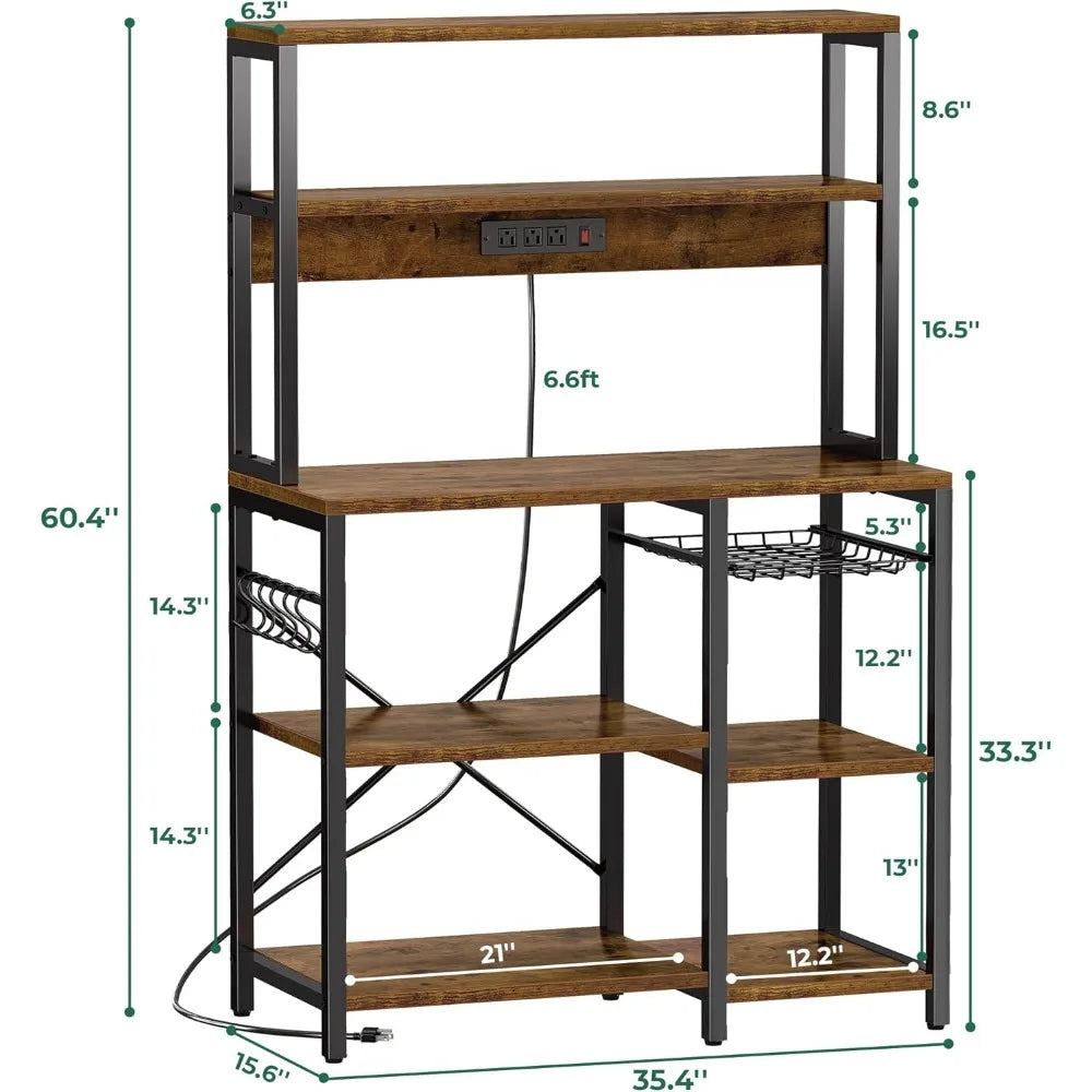 SUPERJARE Bakers Rack with Power Outlet, 35.4 Inches Coffee Bar with Wire Basket, Kitchen Microwave Stand