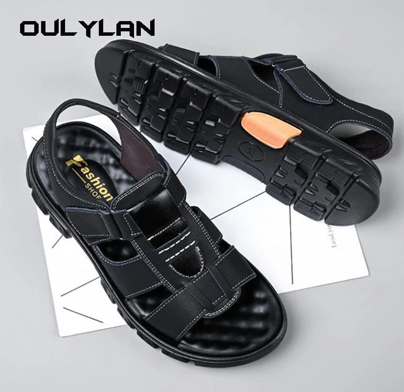 Male Summer Sandals. Open Toe Slippers Outdoor Non-Slip Thick-soled Leather Sandals